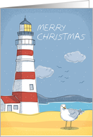 Lighthouse, Seagull and Ocean Landscape Merry Christmas card
