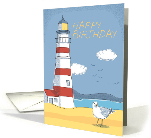Lighthouse, Seagull and Ocean Landscape Happy Birthday card (1125114)