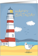 Lighthouse, Seagull and Ocean Landscape Happy Birthday card