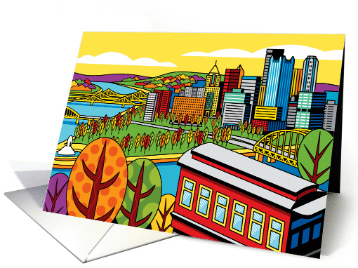 Duquesne Incline Above Pittsburgh Skyline with Yellow Sky card