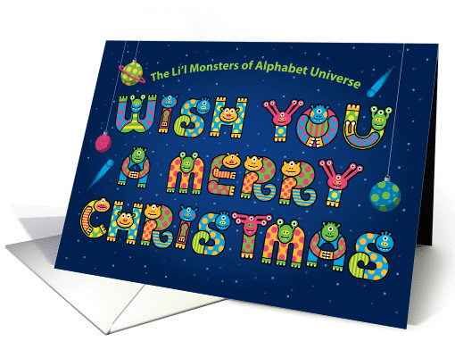 Alphabet Shaped Cute Space Monster Characters, Merry Christmas card