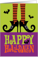 Witch in Curled Shoes with Bats, Happy Halloween card