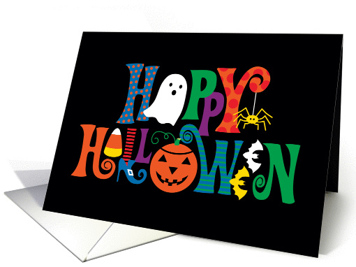 Happy Halloween with Ghost, Pumpkin, Spider, Bats, Candy Corn card