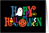 Happy Halloween with Ghost, Pumpkin, Spider, Bats, Candy Corn card