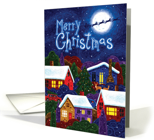Santa & Reindeer over Moon and Houses, Merry Christmas card (1405010)