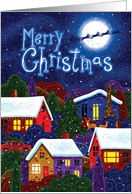 Santa & Reindeer over Moon and Houses, Merry Christmas card