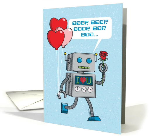 Robot Holding Heart Balloons & Rose, Valentine's Day card (1505596)