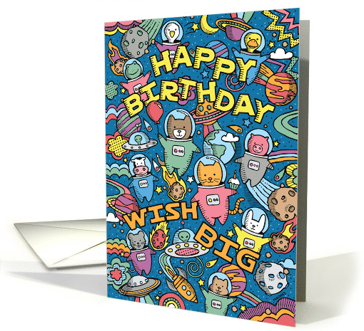 Birthday Dog, Cat & Animals in Outer Space Doodle card (1593666)