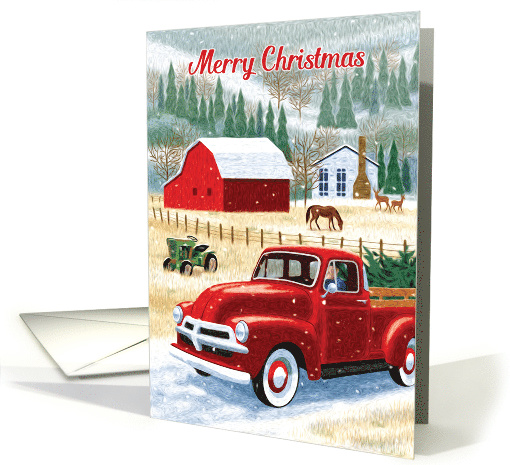 Vintage Red Truck & Country Barn Snowy Christmas Scene card (1614280)