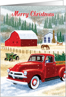 Vintage Red Truck & Country Barn Snowy Christmas Scene card