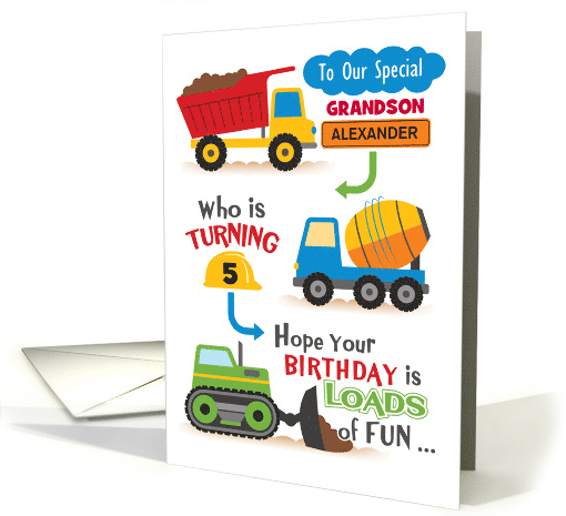 Customize Grandson 5th Birthday Construction Truck Theme card