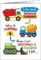 Customize Grandson 5th Birthday Construction Truck Theme card