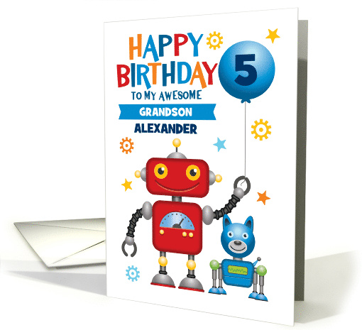Customizable Grandson Cute Robot and Dog Happy Birthday card (1639228)