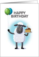 Happy Birthday Sheep Holding Cake and Balloons card