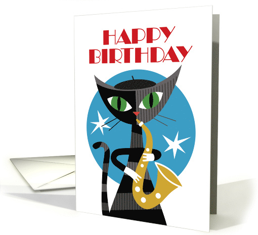 Birthday Cool Cat in Beret Playing Saxophone card (1703354)