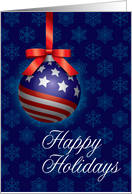 Patriotic American Flag Ornament with Bow Happy Holidays card
