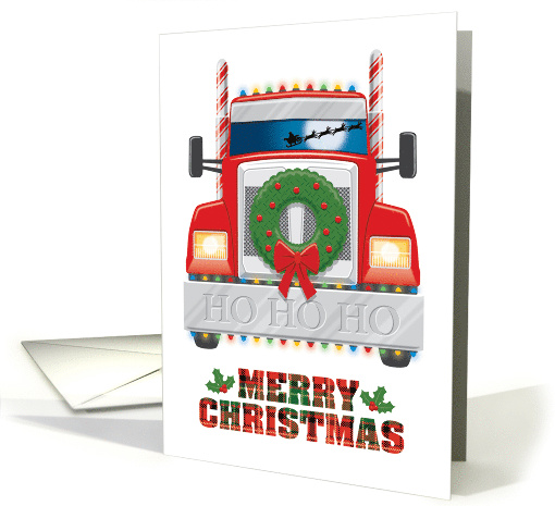 Semi Tractor Trailer with Christmas Decorations and Santa Sled card