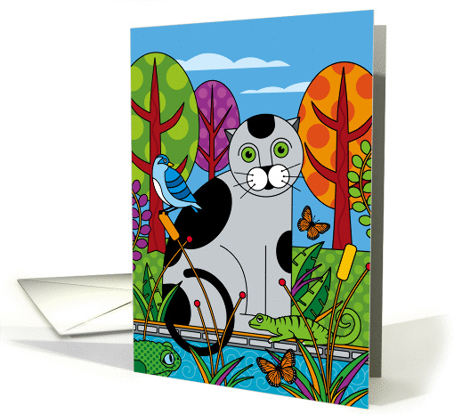 Cat, Bird, Frog, Lizzard and Butterflies at pond Birthday card
