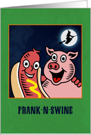 Frankenstein Pun with Hotdog and Pig Humorous Halloween card