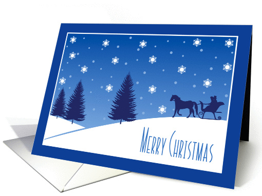 Merry Christmas, Horse Drawn Sleigh Snowy Scene in Blue card (946959)