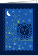 Merry Christmas, Stylized Owl with Ornaments Under Moon card
