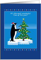 Merry Christmas, Penguin in Santa Hat, Decorating Tree card