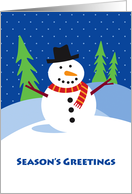 Season’s Greetings, Cute Snowman on Hill in Snow card