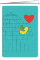 Yellow Bird Flying from Birdcage with Heart, Valentine’s Day card