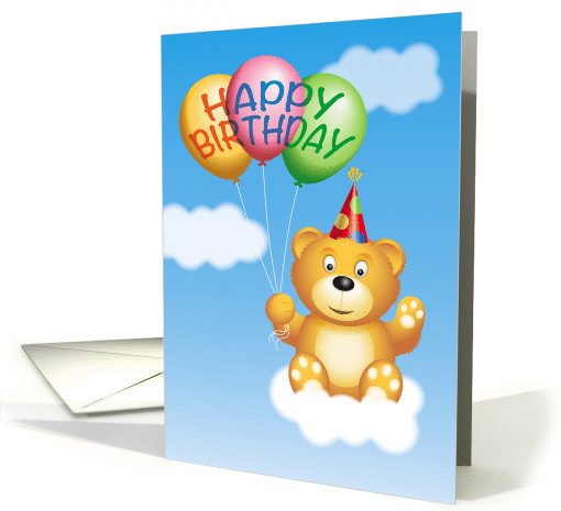 Cute Bear with Party Hat on a Cloud with Balloons, Happy Birthday card