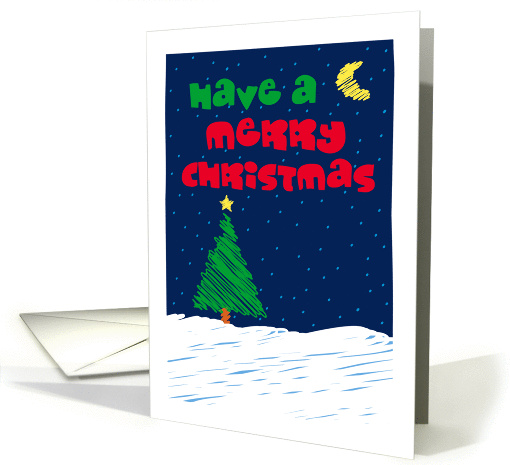 Night Moon, Pine Tree with Star in Snow, Merry Christmas card (990101)