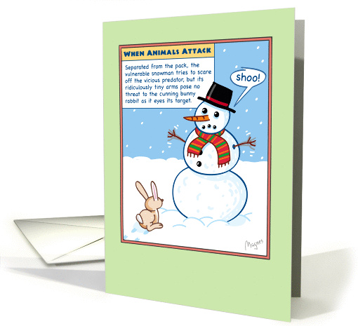 Bunny Rabbit Eyeballing Snowman's Carrot Nose, Funny Christmas card