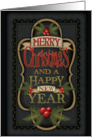 Christmas Greetings on Black with Ornate Frame Pine Sprigs and Holly Berries card