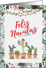 Feliz Navidad With Twinkling Lights and Santa Capped Cactuses card