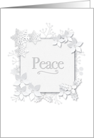 Winter White: Showing Peace Surrounded by White Flowers and Flakes card