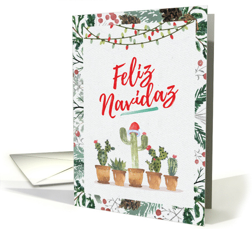 Feliz Navidad  With Twinkling Lights and Santa Capped Cactuses card