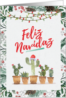 Feliz Navidad With Twinkling Lights and Santa Capped Cactuses card