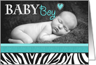 Baby Boy Blue Zebra Print Photo Birth Announcement card