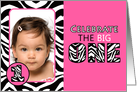 Cute Pink with Zebra Print First Birthday Photo Party Invitations card