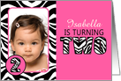 Cute Pink with Zebra Print Second Birthday Photo Party Invitations card