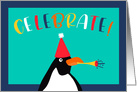 Celebrate Penguin Blowing a Party Horn Happy Birthday card