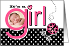 Cute Pink Ladybug Baby Girl Photo Birth Announcement card