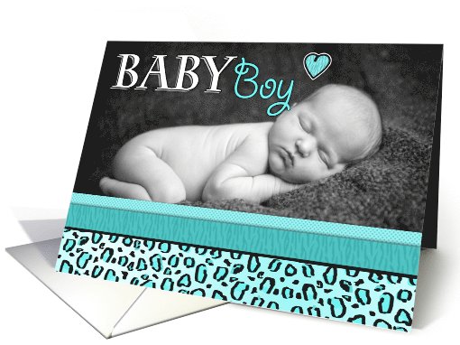 Baby Boy Blue Leopard Print Photo Birth Announcement card (1069569)