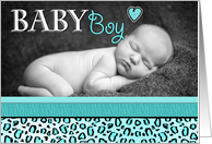 Baby Boy Blue Leopard Print Photo Birth Announcement card