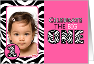 Cute Pink with Zebra Print First Birthday Photo Party Invitations card