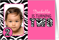 Cute Pink with Zebra Print Second Birthday Photo Party Invitations card