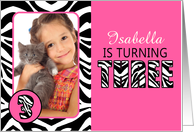 Cute Pink with Zebra Print Third Birthday Photo Party Invitations card