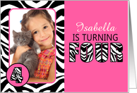 Cute Pink with Zebra Print Forth Birthday Photo Party Invitations card