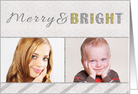 Merry and Bright Two Photo Christmas Card Silver and Gold card