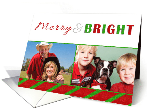 Merry and Bright Two Photo Christmas Card Red and Green card (1181110)