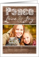 Rustic Wood and Lace Peace Love and Joy Holiday Photo Card